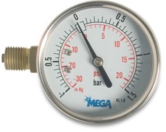 Mega Manometer 63 mm buitendraad -1 - 1,5bar type glycerine gevuld zijaansluiting 1/4 inch