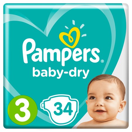 Pampers Active Baby-Dry Baby-Dry Maat 3, 34 Luiers, Voor Droge Ademende Huid